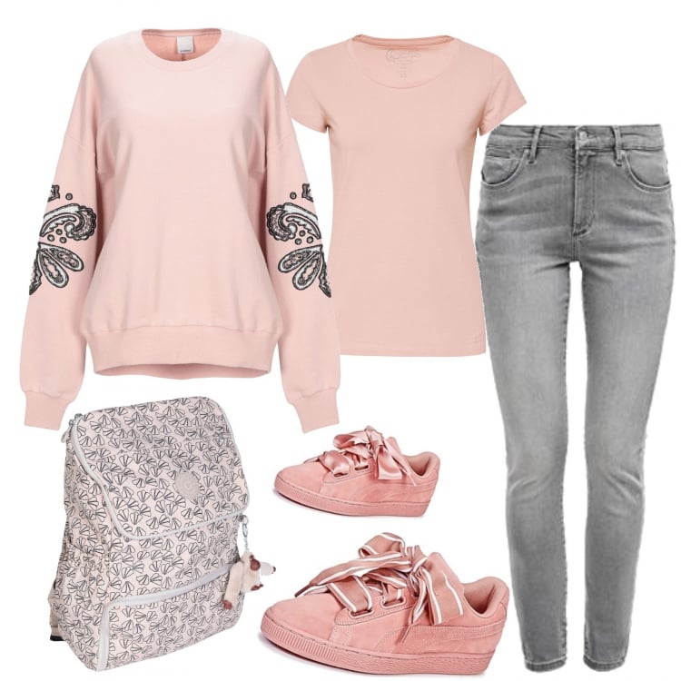Outfit mujer - Urban #10514. Estilo Urban para Todos los días. Combinación con vaqueros skinny in denim, maglietta rosa, sneakers, sudaderas, zaino maxi fantasia floreale.