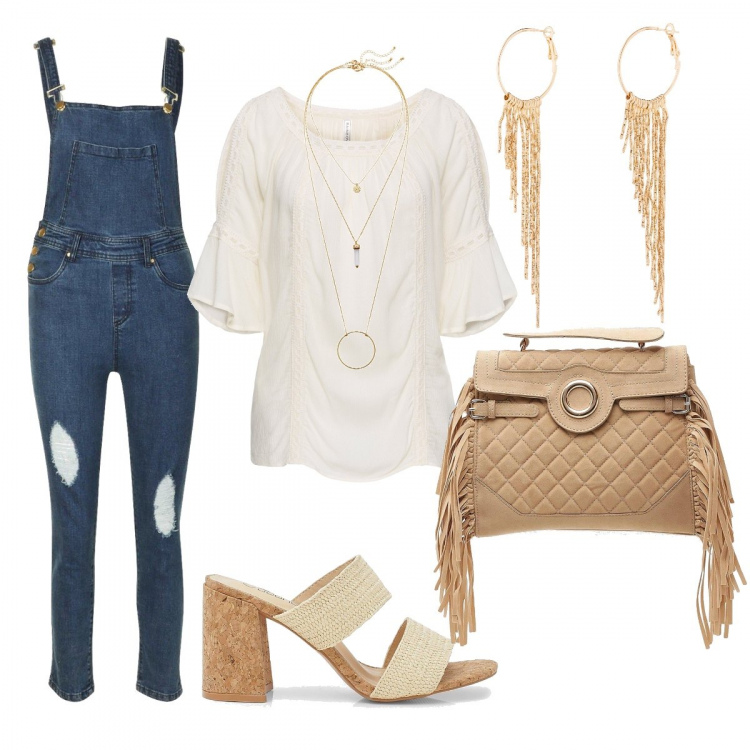 Outfit femme - Salopette Frangée. Style Tendance pour Tous les jours. Assortir avec chemises, colliers, boucles d'oreilles, sandales, sabots, mules et tongs tendance, jumpsuit, salopettes et playsuit, sacs à main.