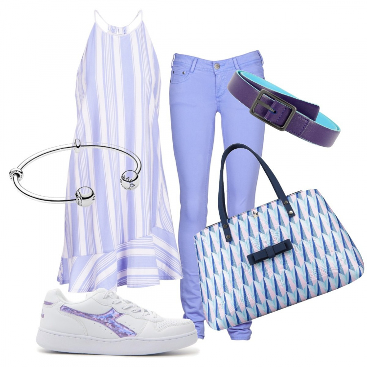 Outfit donna - Trendy #24086. Stile Trendy per Tutti i giorni. Abbinamento con borsa a mano, vestito, pantaloni, cintura, sneakers, braccialetti.