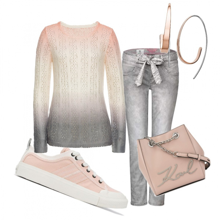 Outfit donna - Trendy #24090. Stile Trendy per Tutti i giorni. Abbinamento con maglioni, orecchini, sneakers, borsa a secchiello, jeans slim fit.
