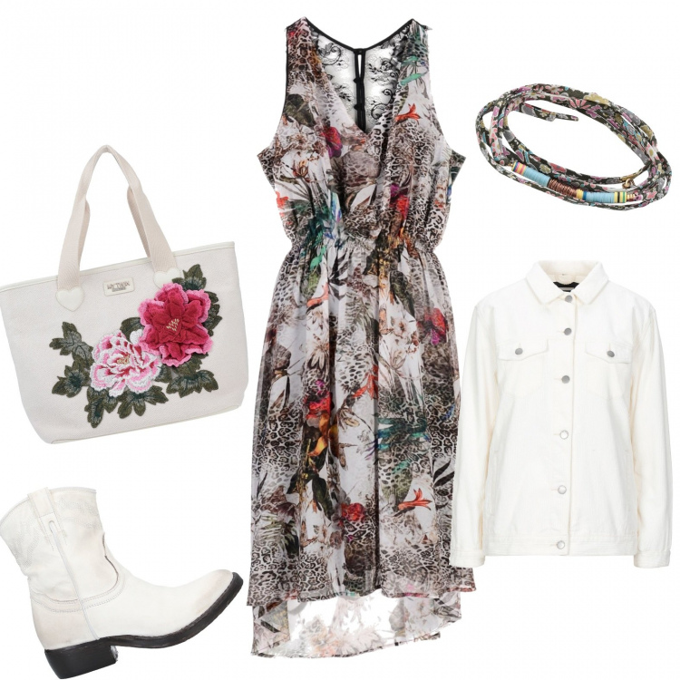 Outfit mujer - Estilo Country. Estilo Étnico para Todos los días. Combinación con vestito, bolsos de mano, giacca, botines, pulseras.