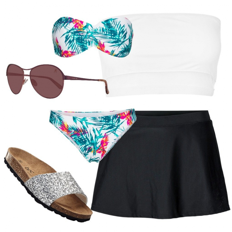 Outfit donna - Pomeriggio in spiaggia. Stile Basic per Mare. Abbinamento con gonne, costumi interi, ciabatte, costumi, occhiali da sole.