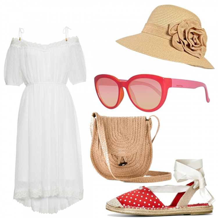 Outfit donna - Espadrillas love. Stile Basic per Tutti i giorni. Abbinamento con vestiti, espadrillas, borse a tracolla, cappello, occhiali da sole.