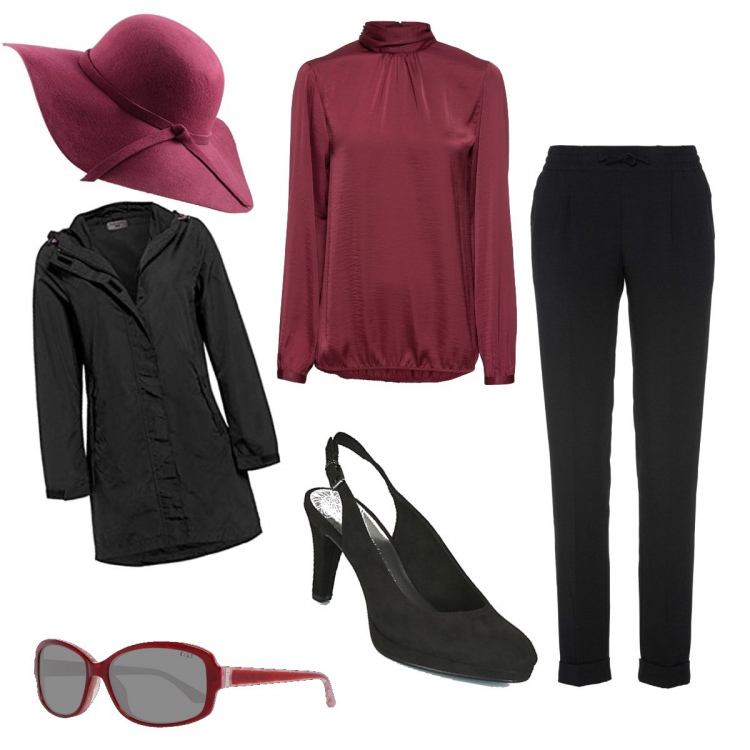 Outfit donna - In incognito. Stile Basic per Tutti i giorni. Abbinamento con pantaloni, bluse, scarpa, impermeabile, cappelli, occhiali da sole.
