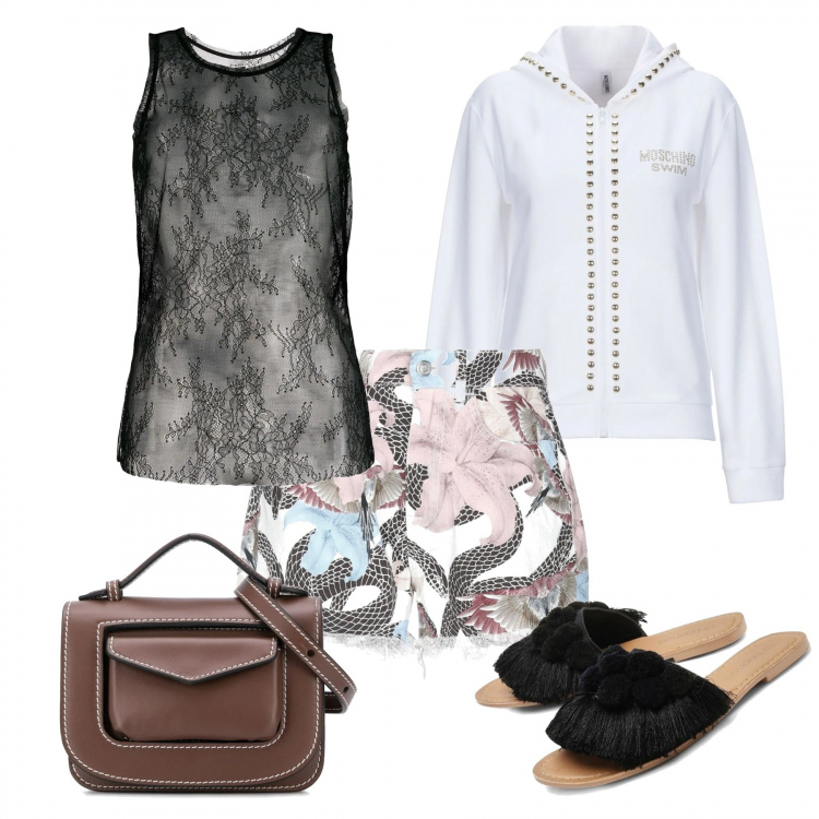 Outfit mujer - Tarde chic. Estilo Chic para Todos los días. Combinación con top, shorts, sandalias, top, pouch.