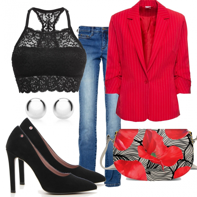 Outfit donna - Serata campari. Stile Sexy per Serata fuori. Abbinamento con reggiseni, blazer, jeans, borsa a tracolla, décolleté, orecchini.