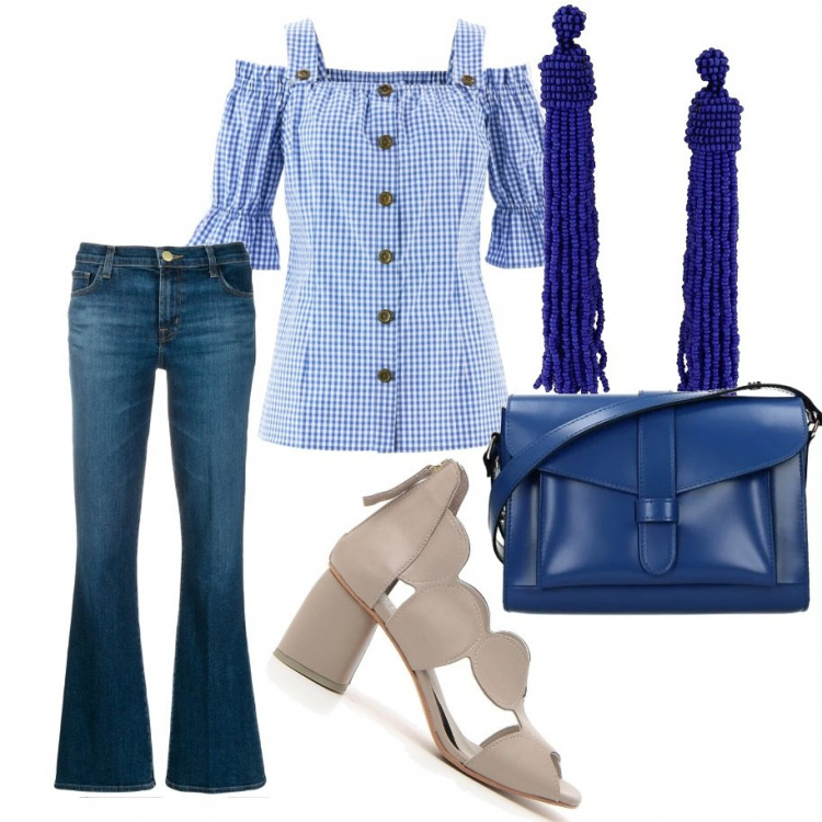 Outfit donna - Quadretti Vichy + jeans coppia vincente. Stile Bon Ton per Scuola/Università. Abbinamento con camicie a manica corta, orecchini, borsa a spalla, pantaloni, sandali col tacco.