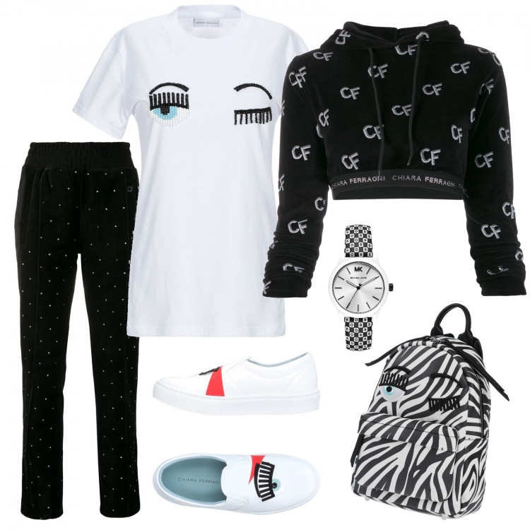 Outfit mujer - Blue eye!. Estilo Urban para Todos los días. Combinación con zaino, orologio, top jersey, sneakers, pantalone, felpa.