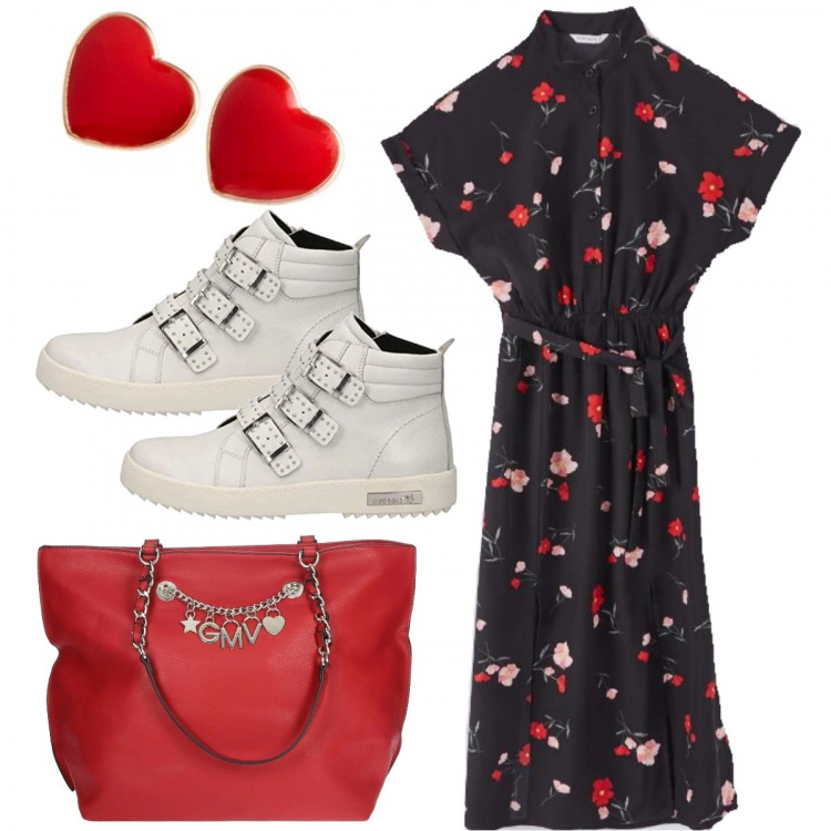 Outfit donna - Abito a fiori e sneaker alte. Stile Trendy per Tutti i giorni. Abbinamento con costumi interi, vestiti lunghi, borse a mano, stivaletti.
