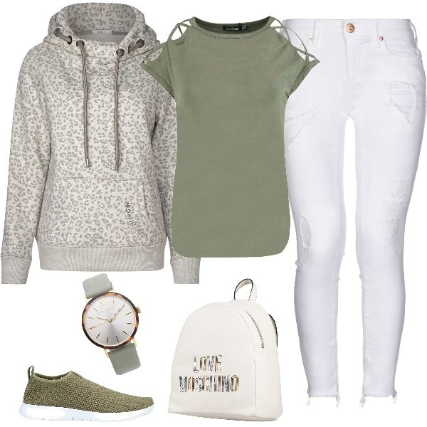Outfit mujer - De vuelta al cole. Estilo Basic para Escuela/Universidad. Combinación con felpa melange multicolore e bianco, top pastello, vaqueros slim fit, sneakers, zaino, reloj.