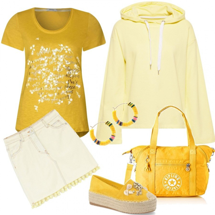 Outfit mujer - Basic #15064. Estilo Basic Combinación con maglietta multicolore, felpa, borsa a tracolla, espadrillas, faldas, pendientes.