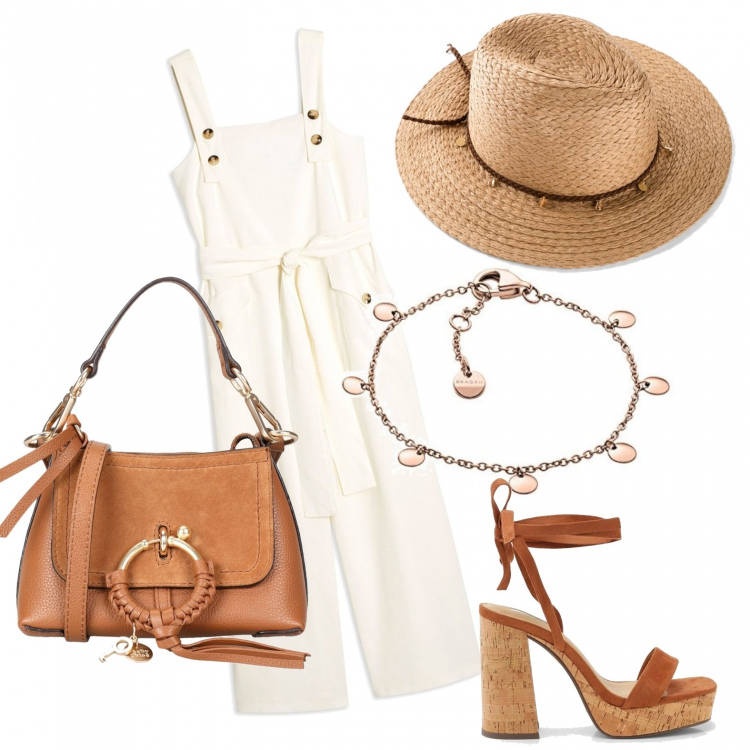 Outfit femme - Salopette et sable chaud. Style Tendance pour Tous les jours. Assortir avec chapeaux, combishort, chaussures à talon, sacs en bandoulière, bracelets avec cabochons.