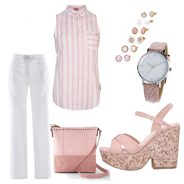 Outfit donna - White e pink. Stile Basic per Serata fuori. Abbinamento con pantaloni a palazzo, borse a spalla, orologio, orecchini, sandali col tacco, camicie.