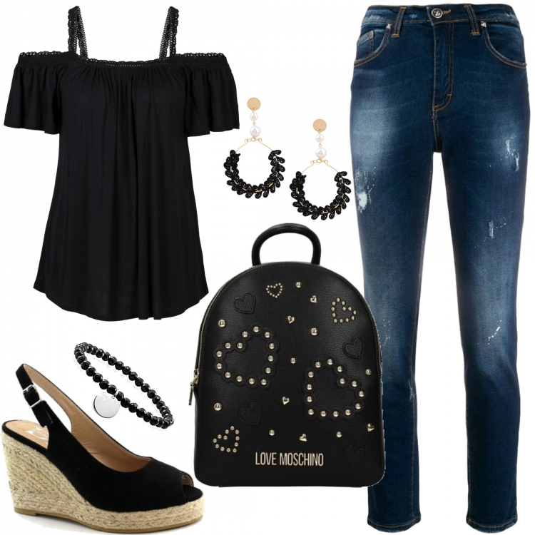 Outfit donna - Nero e jeans. Stile Basic per Tutti i giorni. Abbinamento con maglieria, orecchini, zaini, espadrillas, jeans, braccialetti.