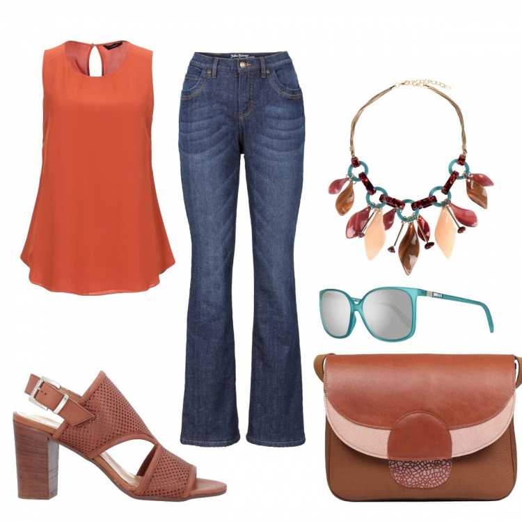 Outfit donna - In ufficio. Stile Basic per Ufficio. Abbinamento con jeans bootcut, top, sandali col tacco, collane, borsa, occhiali da sole.
