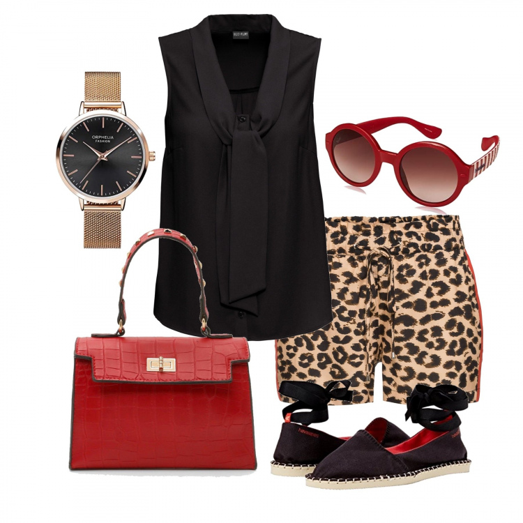 Outfit donna - Chic #12853. Stile Chic per Serata fuori. Abbinamento con sciarpe, camicie, borsa tote, espadrillas, orologi analogici, occhiali da sole.
