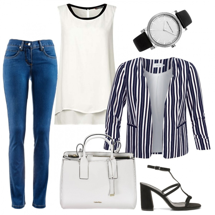 Outfit donna - Eleganza basic. Stile Basic per Tutti i giorni. Abbinamento con jeans dritti, scarpe col tacco, giacche, canottiera, borse, orologi.