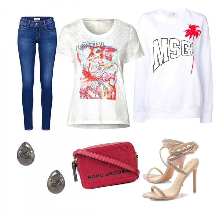 Outfit femme - Total look #528246. Assortir avec sandales à talon, jeans, t-shirts, boucles d'oreilles, pulls et cardigans, sacs à bandoulière et portés à l'épaule.