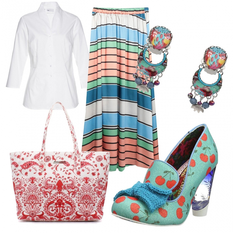Outfit donna - Scarpette Dorothy. Stile Bon Ton per Tutti i giorni. Abbinamento con camicie, gonne lunghe, orecchini, shopping bag, scarpe col tacco.