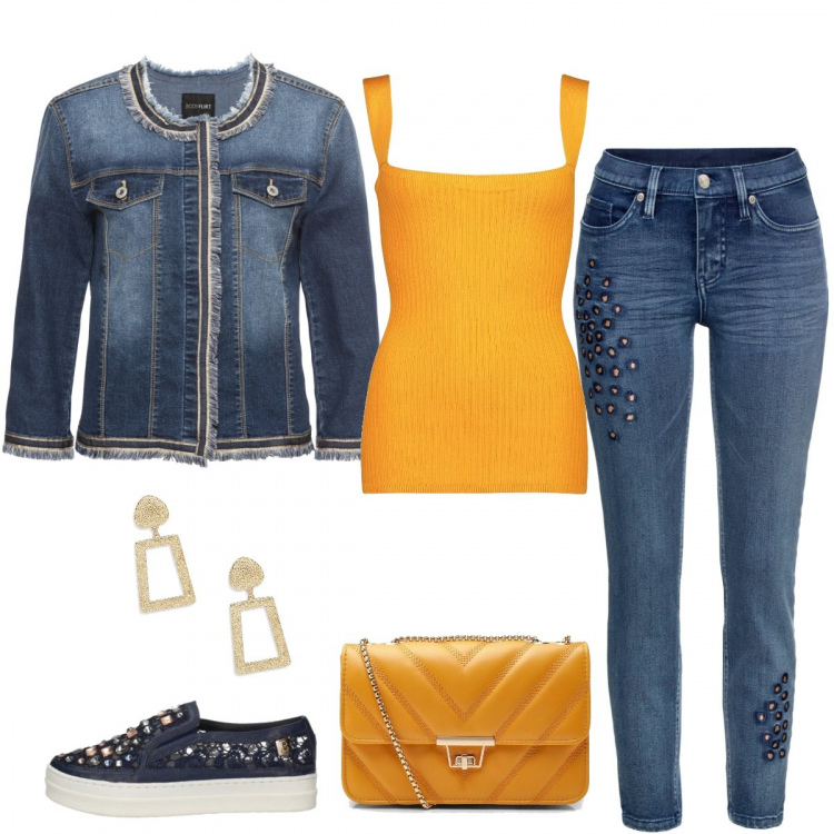 Outfit donna - Particolari che luccicano sui jeans. Stile Trendy per Serata fuori. Abbinamento con blazer, blazer, canottiera, borse a spalla, orecchini, scarpa.