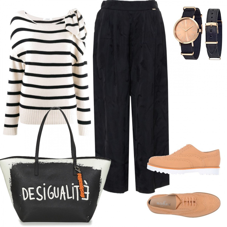 Outfit donna - A righe : look Monday style. Stile Urban per Ufficio. Abbinamento con scarpe stringate, borsa a spalla, maglione, pantaloni, braccialetto.
