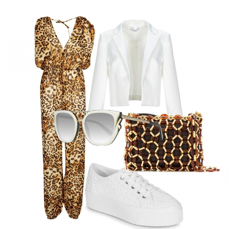 Outfit donna - Per non passare inosservata. Stile Trendy per Tutti i giorni. Abbinamento con reggiseni, blazer, tuta, sneakers, borsa a spalla, occhiali da sole.