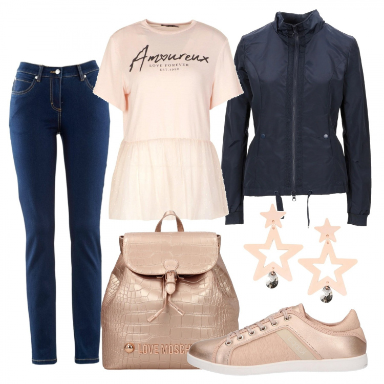 Outfit donna - Il giubbotto in tessuto tecnico. Stile Basic per Tutti i giorni. Abbinamento con jeans dritti, cappotti, orecchini, t-shirt, zaini, sneakers.