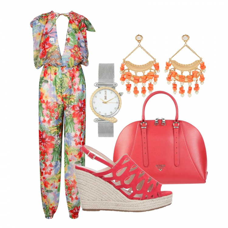 Outfit donna - Jumpsuite floreale. Stile Trendy per Tutti i giorni. Abbinamento con reggiseni, orecchini, sandali, orologi, borse a mano, tuta.