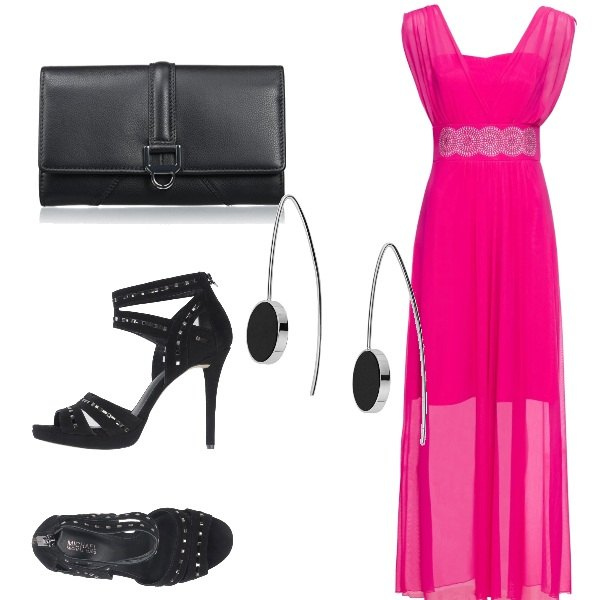 Outfit donna - Un tocco di colore. Stile Trendy per Cerimonia. Abbinamento con sandali con tacco, orecchini, vestiti, portamonete.