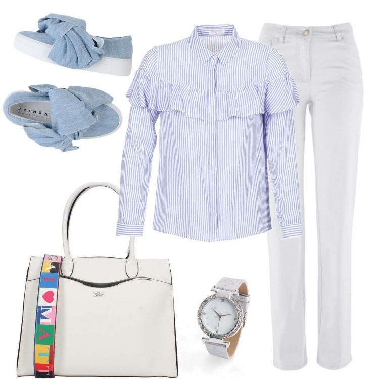 Outfit donna - Monday Style - Fuori dalle righe. Stile Trendy per Ufficio. Abbinamento con pantaloni, orologio, sneakers, borsa a mano, camicie.