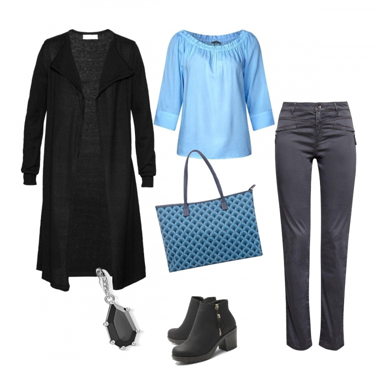 Outfit donna - Blue and gray for everyday. Stile Trendy per Tutti i giorni. Abbinamento con cardigans, stivaletti, shopping bag, bluse, pantaloni, ciondoli.