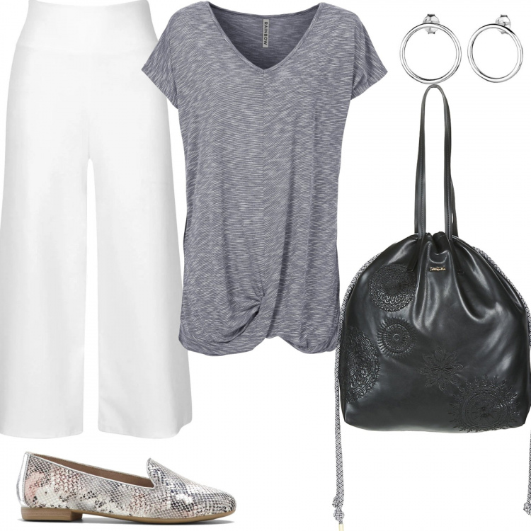 Outfit donna - Allure francese. Stile Chic per Tutti i giorni. Abbinamento con maglieria, mocassini, pantalone culotte, borsa a spalla, orecchini.