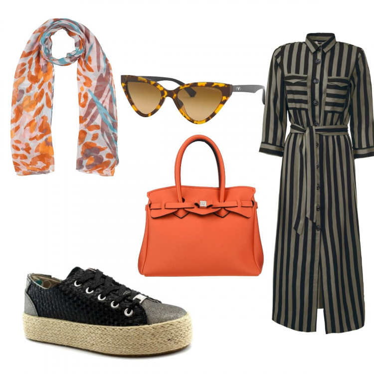 Outfit donna - Espania. Stile Chic per Mare. look ideale per Tall. Abbinamento con occhiali da sole, stole, borsa a mano, vestiti corti, espadrillas.