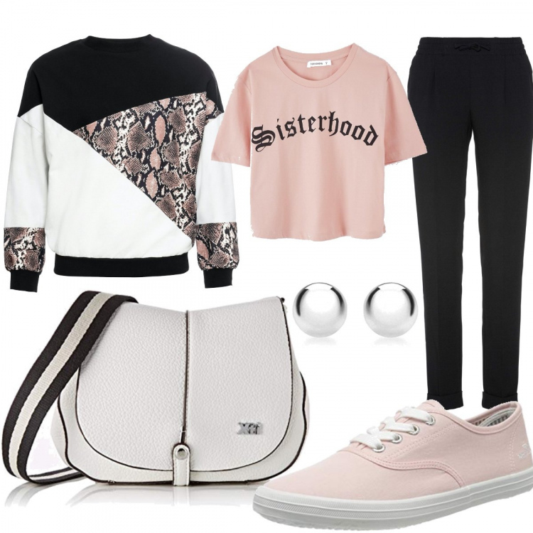 Outfit donna - Bianco-nero-rosa. Stile Basic per Scuola/Università. Abbinamento con pantaloni, maglieria, t-shirt, borse a spalla, scarpa sportiva, orecchini.
