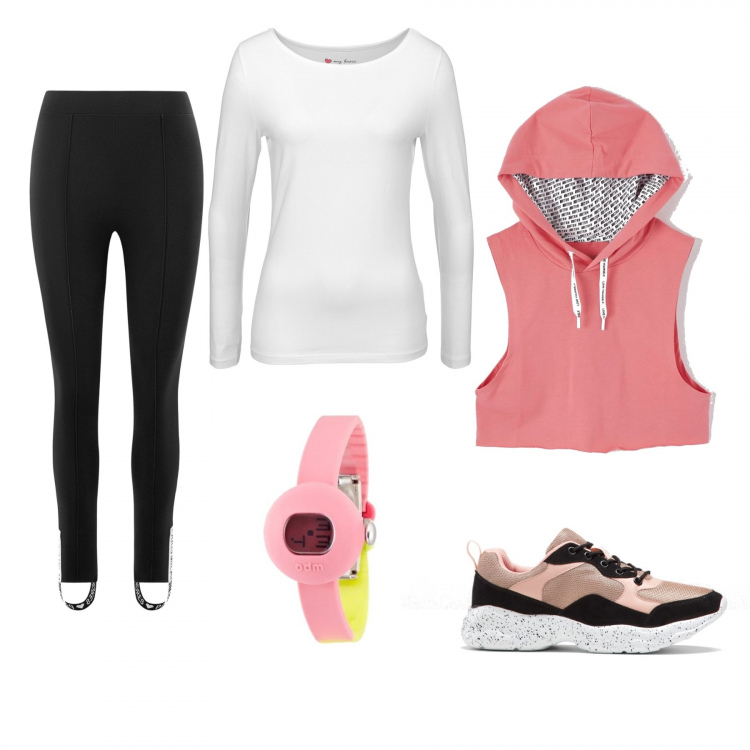 Outfit donna - Felpa + T-shirt. Stile Basic Abbinamento con t-shirt sportive, sneakers, felpa sportiva, leggings, orologi digitali.