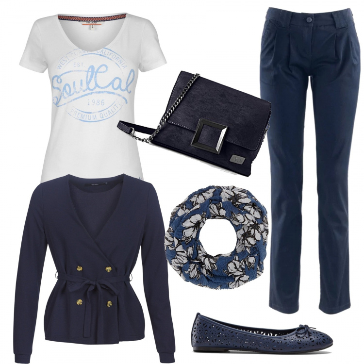 Outfit donna - Basic in ufficio. Stile Basic per Ufficio. Abbinamento con pantaloni chino, ballerine, blazer, t-shirt, cappelli, borse a mano.
