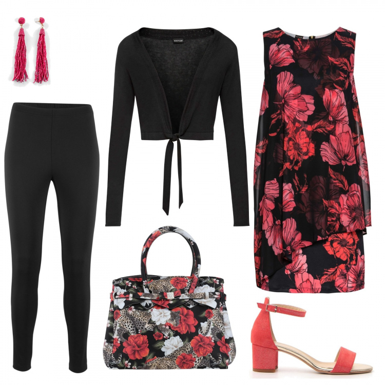 Outfit donna - Per te mamma. Stile Trendy per Tutti i giorni. Abbinamento con borse a mano, leggings, vestito corto, bolero, orecchini, sandali.