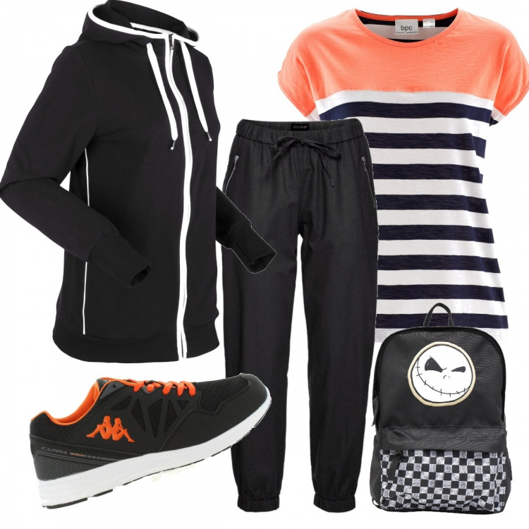 Outfit donna - Mille righe. Stile Basic per Sport. Abbinamento con felpe, pantaloni capri, t-shirt, zaino, scarpa sportiva.