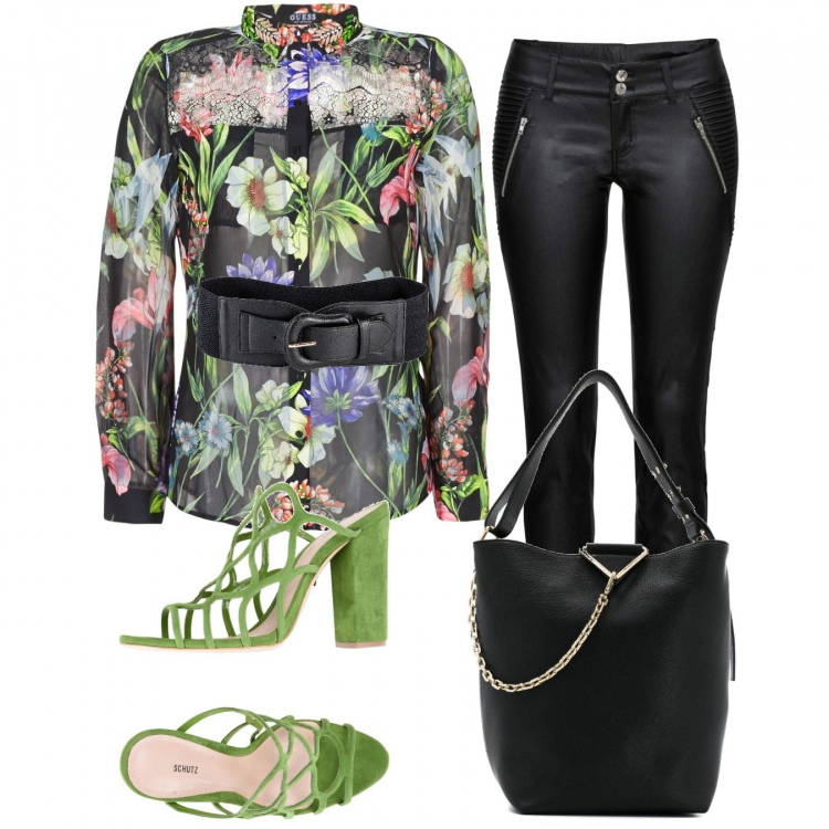 Outfit donna - Trendy #24591. Stile Trendy per Tutti i giorni. Abbinamento con cinture, pantaloni, sandali col tacco, camicie, borsa tote.