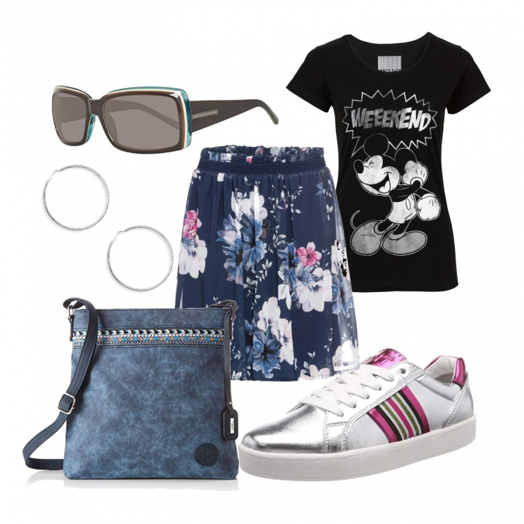Outfit donna - T-shirt cartoon. Stile Basic per Tutti i giorni. Abbinamento con t-shirt, gonne, orecchini, scarpa, scarpa sportiva, occhiali da sole.