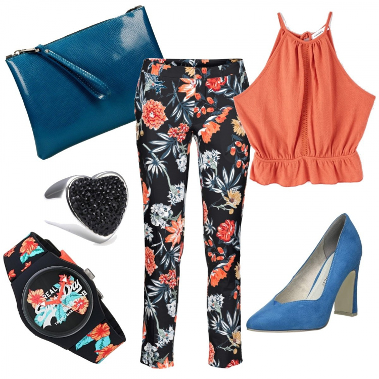 Outfit donna - Trendy #24599. Stile Trendy per Tutti i giorni. Abbinamento con pantaloni, top, shopping bag, scarpe col tacco, anello, orologi analogici.