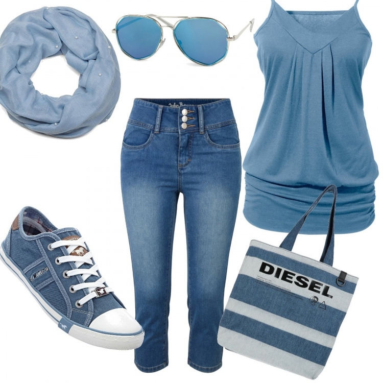 Outfit donna - Effetto total denim. Stile Basic per Tutti i giorni. Abbinamento con top, jeans, sneakers, borse a spalla, foulard, occhiali da sole.