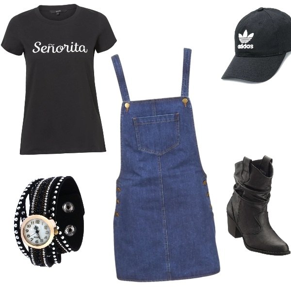 Outfit donna - Shopping day. Stile Urban per Tutti i giorni. Abbinamento con stivaletti texani, cappello con logo nero.