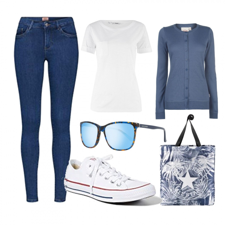 Outfit donna - Come lo metti va bene. Stile Basic per Tutti i giorni. Abbinamento con t-shirt, shopping bag, sneakers, cardigan, jeans skinny, occhiali da sole.