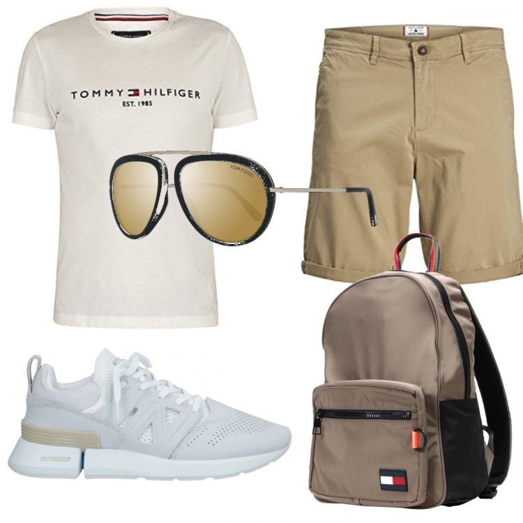 Outfit uomo - Casual #7266. Stile Casual per Tutti i giorni. Abbinamento con sneakers, borse sportive, t-shirt, pantaloni corti, occhiali da sole.