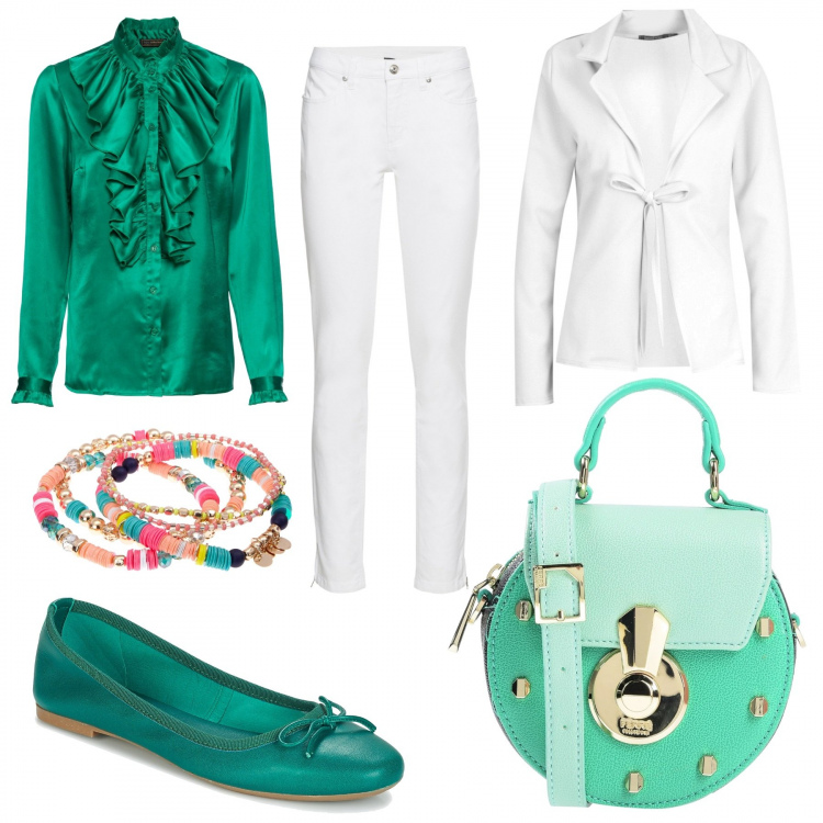 Outfit donna - Volant in verde. Stile Bon Ton per Tutti i giorni. Abbinamento con jeans skinny, gonne, borse a tracolla, borse a mano, blazer, ballerine.