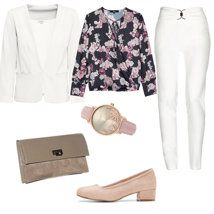 Outfit donna - Smart Working 5. Stile Chic per Ufficio. Abbinamento con décolleté, blazer, pantalone lungo, pochette, blusa, orologi analogici.