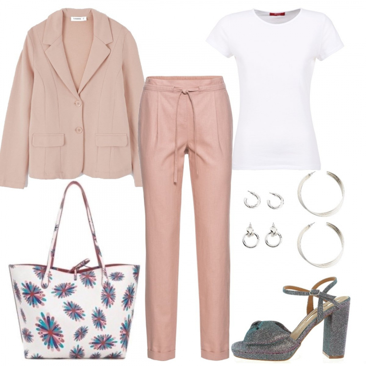 Outfit donna - Aspettando di tornare al lavoro. Stile Trendy per Ufficio. look ideale per Petite. Abbinamento con pantaloni, orecchini, blazer, t-shirt, shopping bag, sandali in pelle.