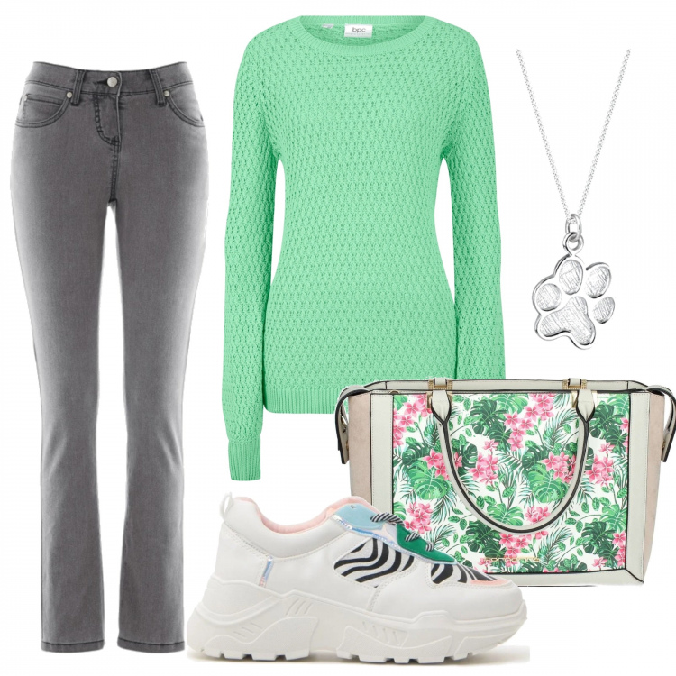 Outfit donna - Stile basic. Stile Basic per Tutti i giorni. Abbinamento con jeans slim fit, maglioni, shopping bag, sneakers, ciondolo.