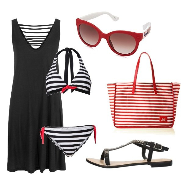 Outfit donna - Riga. Stile Basic per Mare. Abbinamento con vestiti da spiaggia, bikini, sandali, borse a spalla, occhiali da sole.